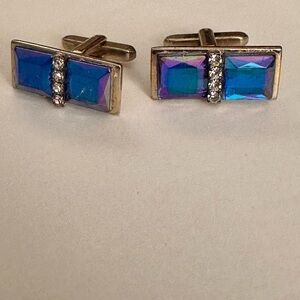 Elegant Vintage Iridescent Blue Rhinestones/4 Crystal Gold Tone Cufflinks